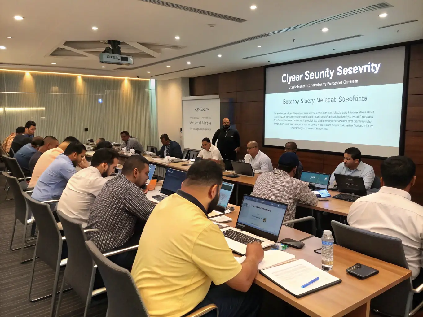 Employees participating in an interactive cybersecurity training session, representing GEN DOT's Security Awareness Training.