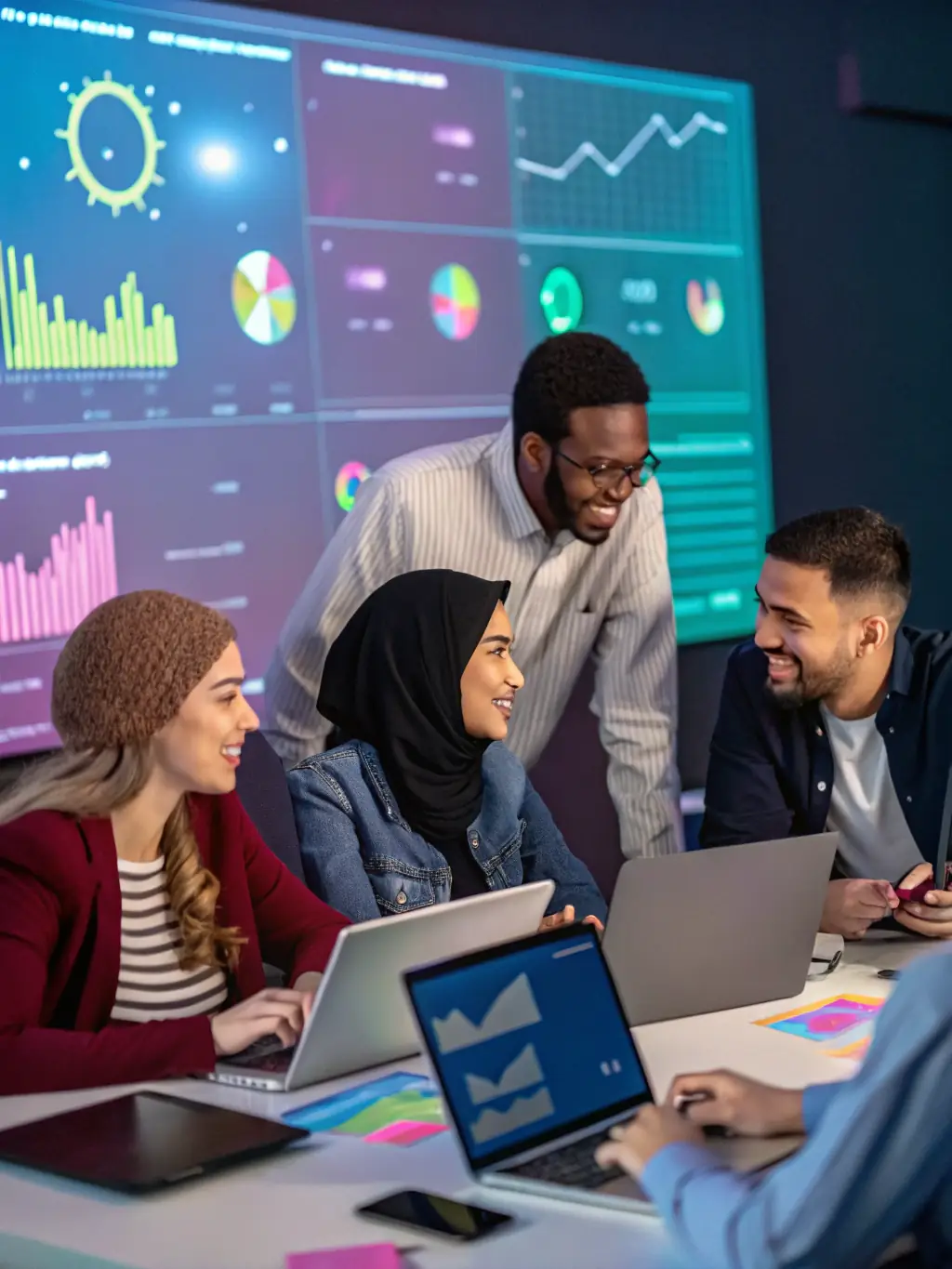A diverse group of employees participating in an interactive cybersecurity training session, with a focus on recognizing phishing emails and safe browsing habits, representing GEN DOT's Security Awareness Training.