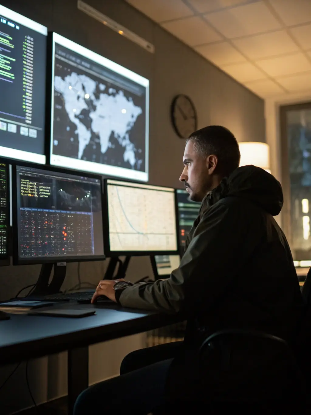 A professional cybersecurity consultant in a suit, analyzing network traffic on a laptop, with a concerned expression, in a modern office setting, representing GEN DOT's Cybersecurity Risk Assessment service.