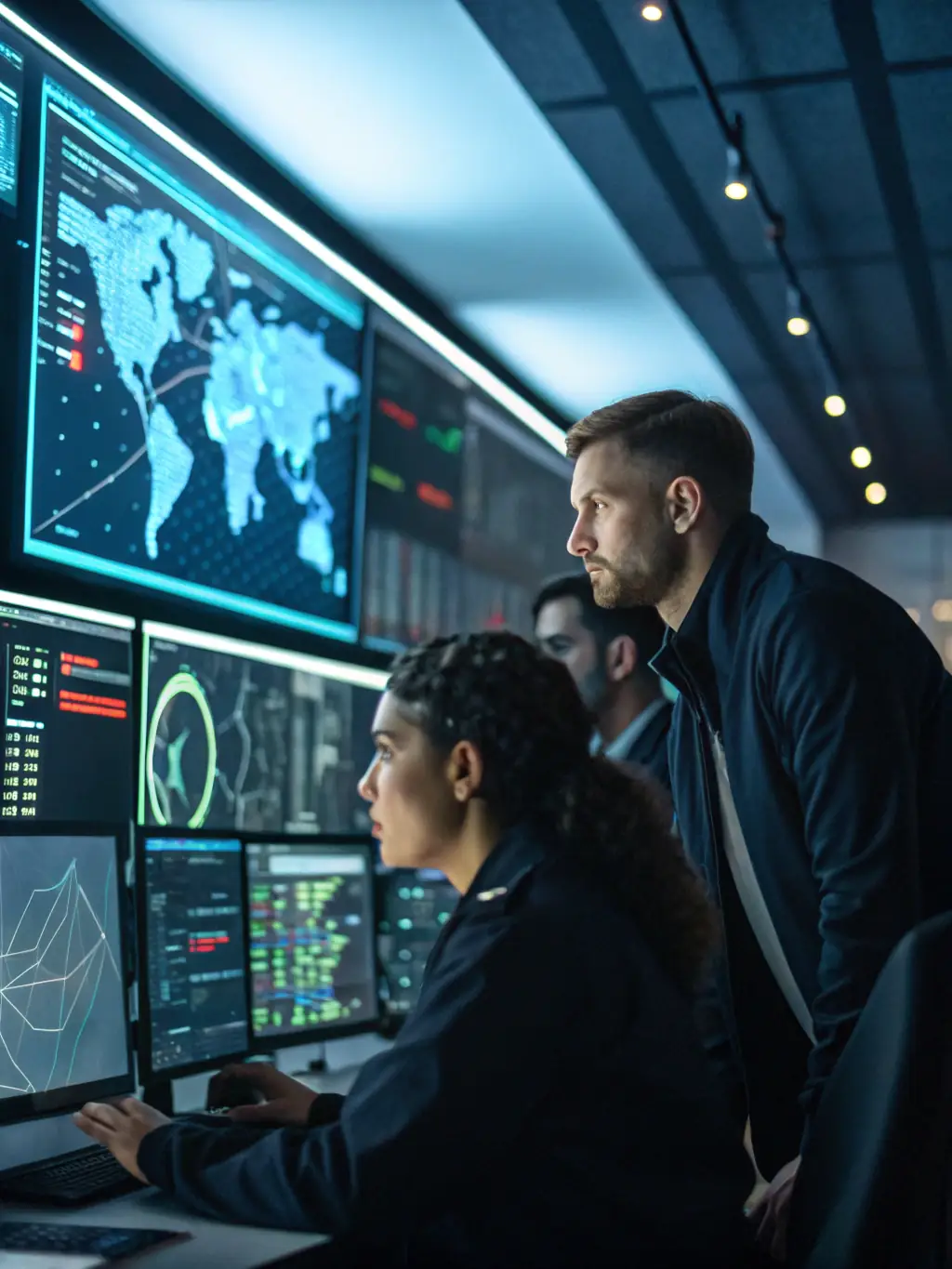 A security operations center (SOC) with multiple screens displaying real-time security data and analysts monitoring the systems, reflecting GEN DOT's Managed Security Services.