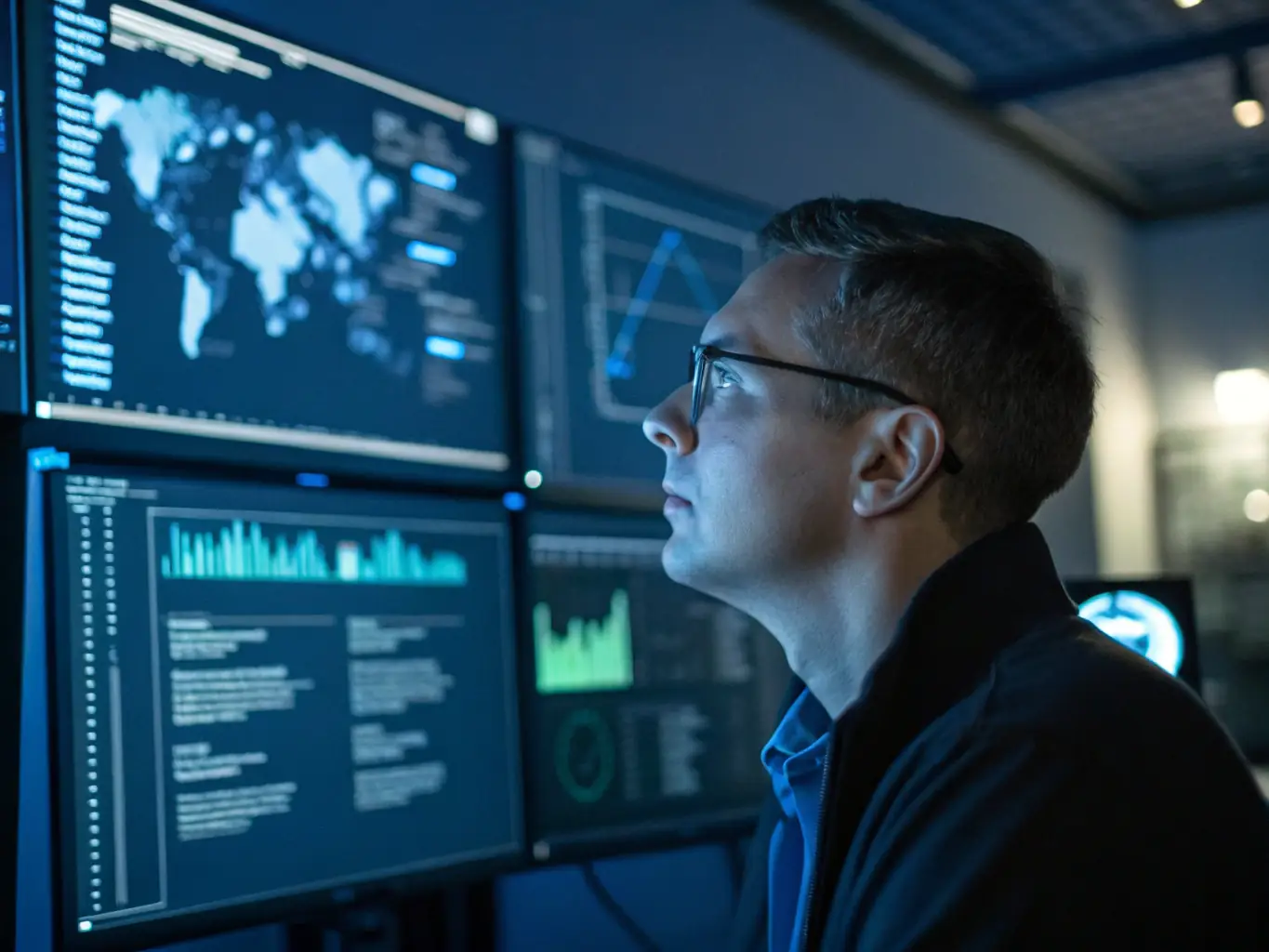 An image showing a cybersecurity analyst analyzing network security data on multiple screens, representing GEN DOT's Cybersecurity Risk Assessment service.