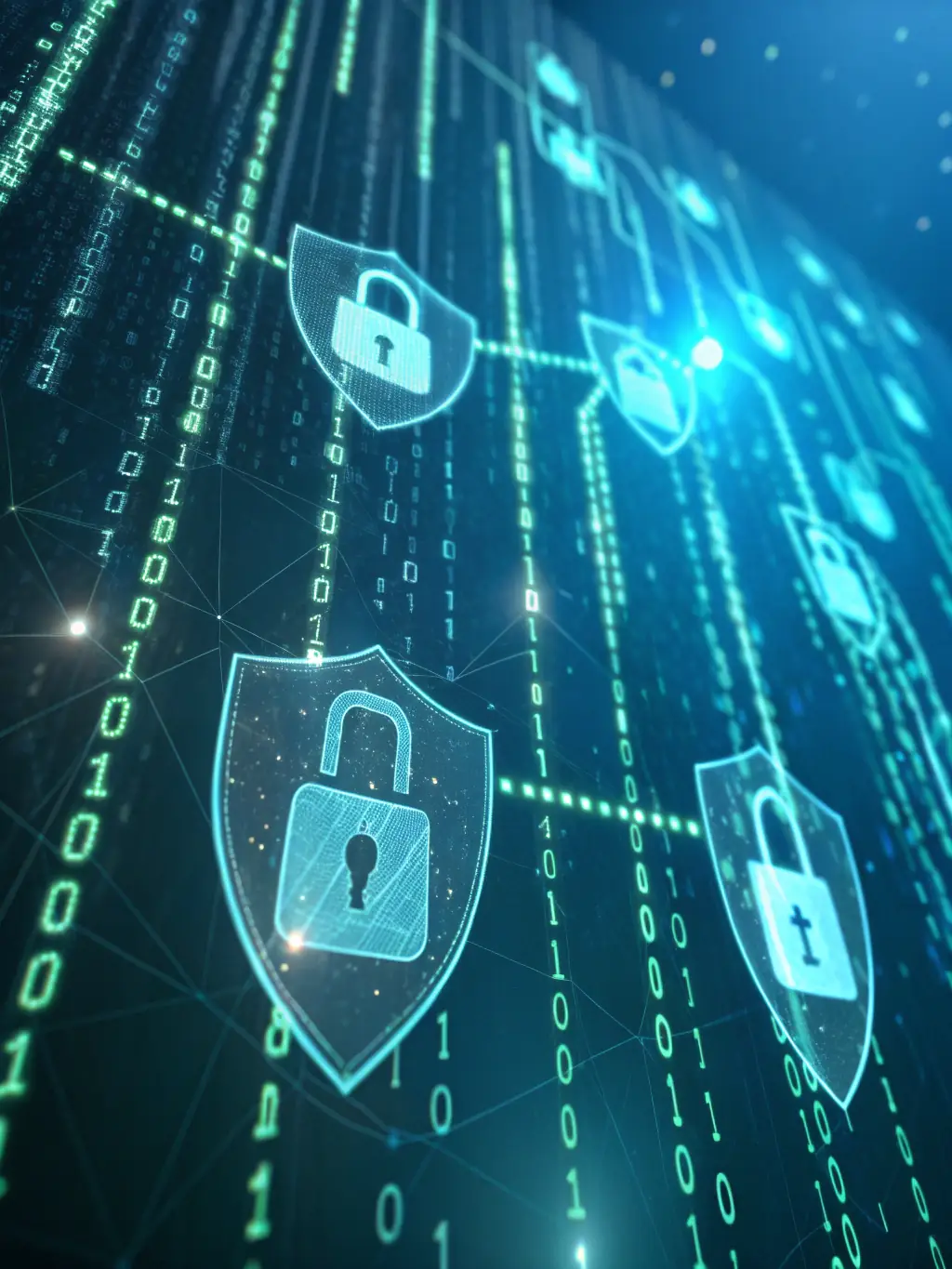 A digital representation of data flowing through secure channels, with encryption keys and security protocols visible, symbolizing GEN DOT's data protection services.