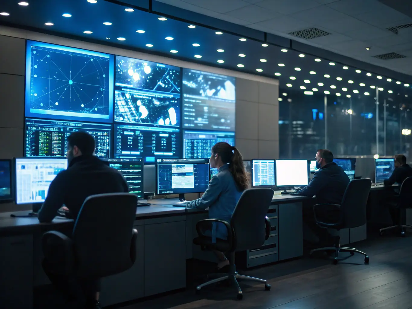 A team of cybersecurity professionals monitoring security alerts on a large digital dashboard, illustrating GEN DOT's Managed Security Services.